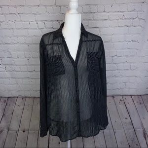 NY & Co Sheer Black Polka Dot Button Down Blouse